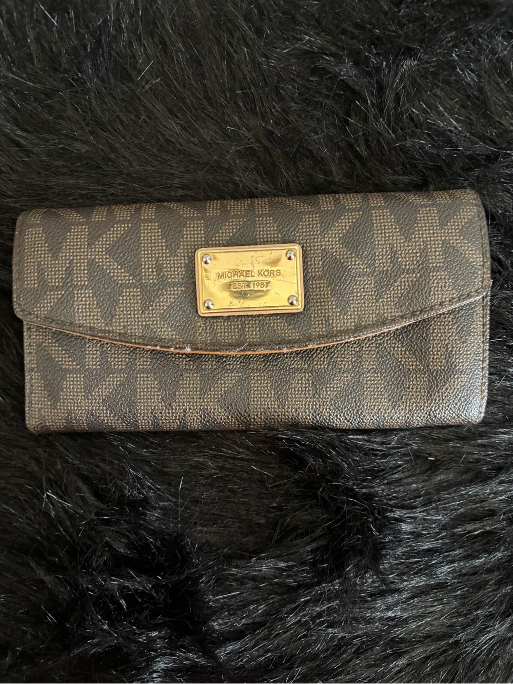 Michael Kors Dark Brown MK Logo Continental Wallet with Gold Plaque